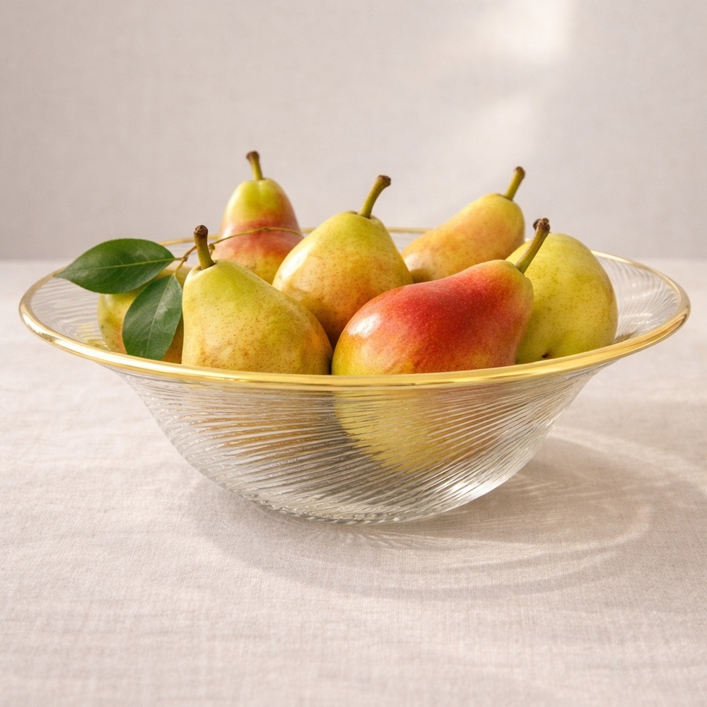 Vintage Murano-Style Spiral Optic‎ Glass Centerpiece Gold Rimmed Bowl, 12 Inches
